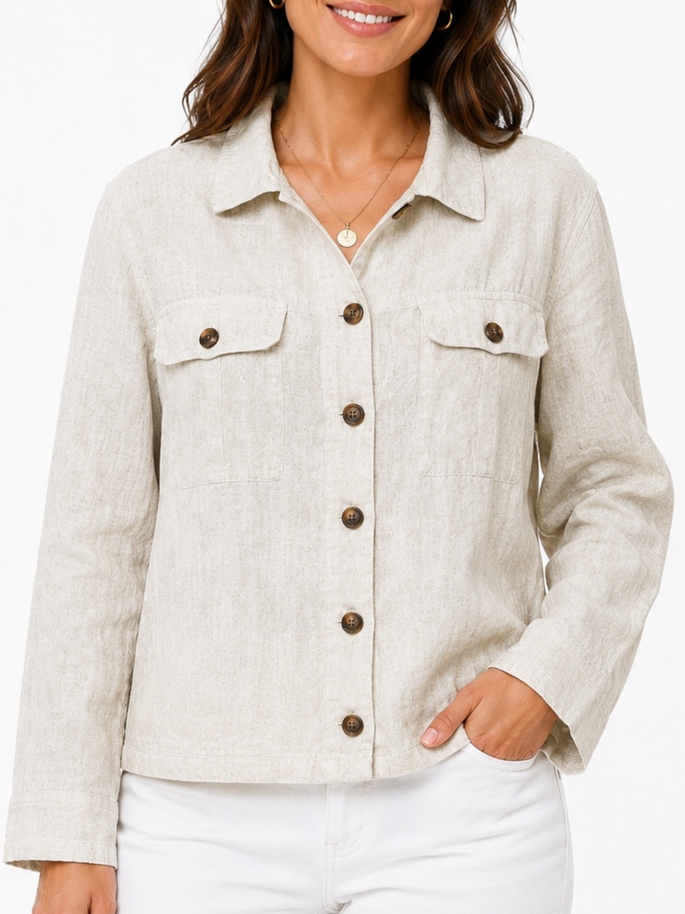 Nicole Miller New York 100% Linen Utility Shirt Jacket NWT Medium Ivory Button